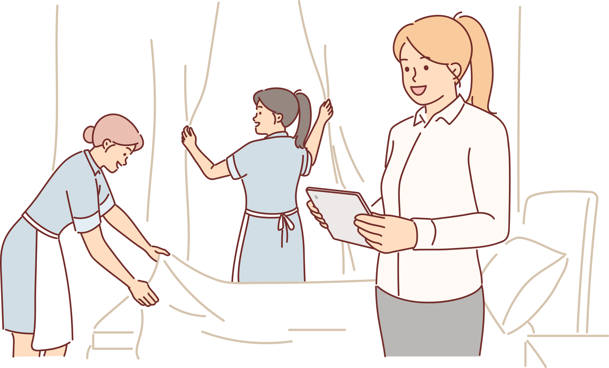 Housekeeping manager supervises work of maids cleaning hotel room before checking in guest